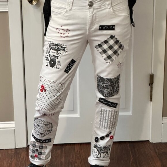 Democracy White Jeans Sz 6 Upcycled OOAK Mixed Media Boho Style Patchwork Pants - Picture 6 of 9